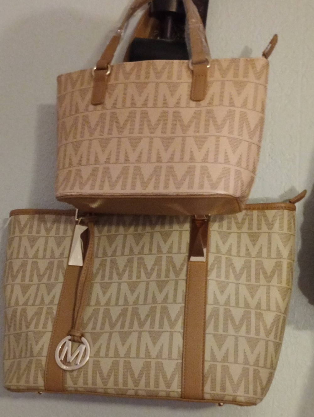 Essentials by Milano Beige Monogram Tote Set with Tan Trim